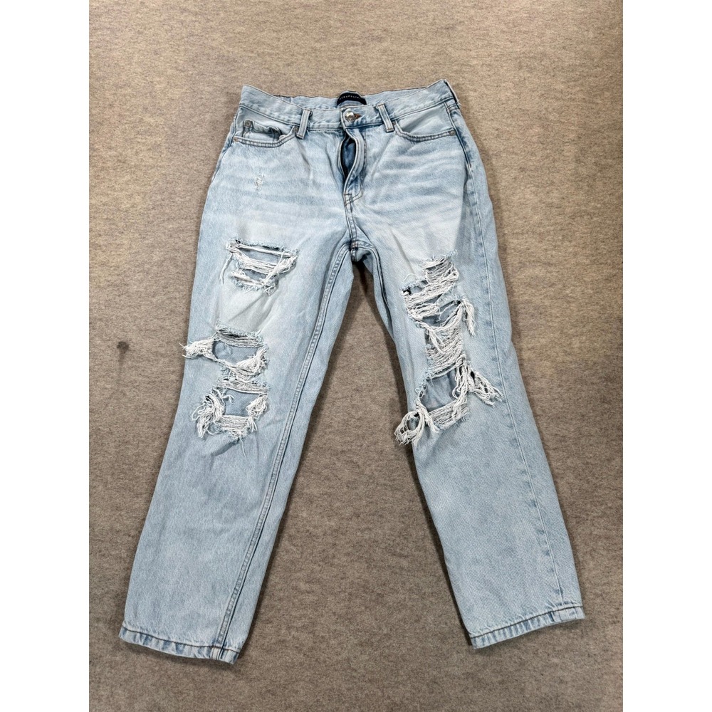 Aeropostale Mom Jeans Womens 10 Light Blue Whiskering Distressed Denim High Rise